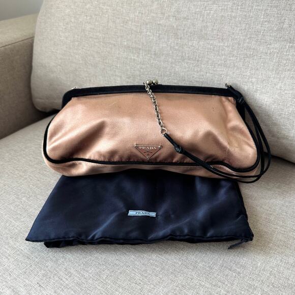 Prada Satin Shoulder Bag Clutch Pink Peach Black Floral Charm Kiss Lock - Picture 1 of 7
